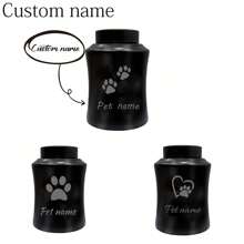 1PC Personalized Stainless Steel Dog Urn With Pet Name Engraved, Airtight Palm & Paw Design, Black Pet Memorial & Funeral Ashes Container