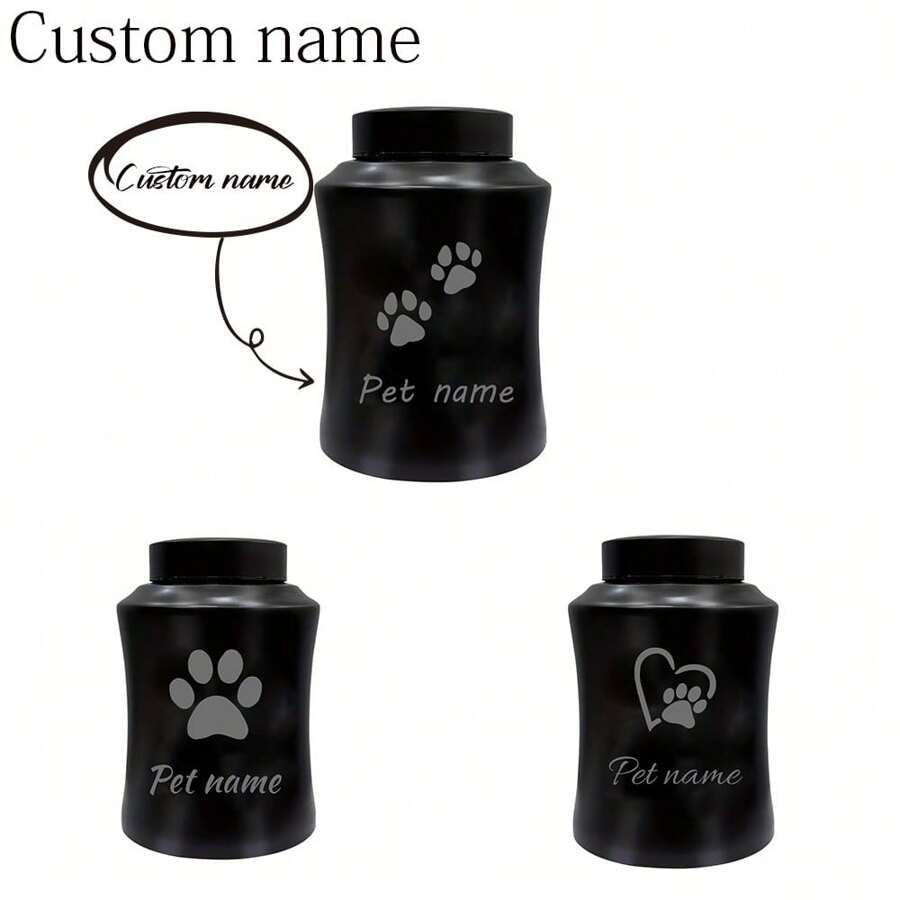 1PC Personalized Stainless Steel Dog Urn With Pet Name Engraved, Airtight Palm & Paw Design, Black Pet Memorial & Funeral Ashes Container