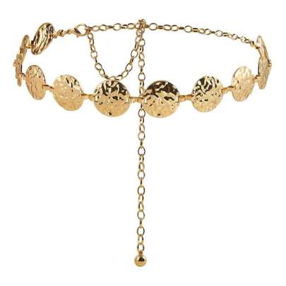 Cinto de corrente feminino boho moderno de metal elegante, prata e dourado com moedas.