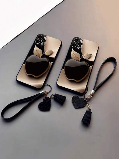 1 pièce Étui de téléphone peint épais anti-chute avec motif de pomme perforé sur le bord, avec une nouvelle sangle poignet en forme de cœur . Accessoire de protection compatible avec 16/16Pro/16Plus/16ProMax, 15 ProMax, 13, P14, P11, XS, XR, 7/8, S2, 11 Lite, Redmi 10, Redmi 9, Note 9, 12C, Note 11 Pro. Étanche, antichoc, résistant aux rayures.