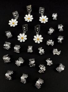 25个合金雏菊花辫子发夹，Y2K朋克嘻哈装饰发夹，夏季礼物派对日常发圈及配饰，学习用品，发饰，头部配饰 - 銀色 - 查看 7