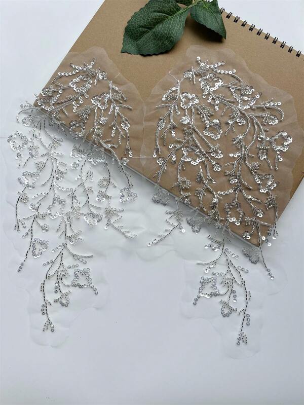 2 Pieces/1 Set Silver Beads Embroidery Lace Flower Dress Stage Accessories Sewing Patches