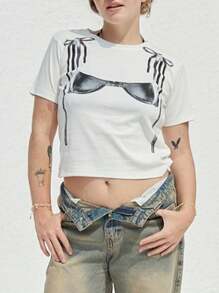 Women Crop Tops Bra Print Short Sleeve Round Neck Casual T-Shirts Summer Slim Fit Shirts Streetwear