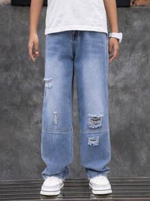 Patchwork-Jeans im Used-Look für Tween Jungens mit geradem Bein, lässige Hose mit entspannter Passform, geeignet für Frühling, Sommer, Herbst, Winter