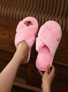 Women's Fluffy Cross Strap Slippers, Soft Comfortable Furry Indoor Outdoor Slide Sandals, Breathable