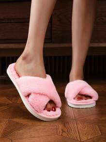Women's Fluffy Cross Strap Slippers, Soft Comfortable Furry Indoor Outdoor Slide Sandals, Breathable