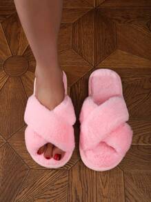 Women's Fluffy Cross Strap Slippers, Soft Comfortable Furry Indoor Outdoor Slide Sandals, Breathable