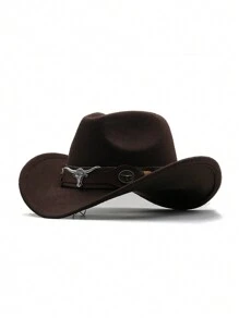 1pc Unisex Polyester Bull Boho Casual Party Felt Hat, Soft Brim Hat, Fedora Hat, Western Cowboy Hat, Fashionable Versatile Commuting, Autumn/Winter