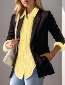 hoteel Women's Button-Up Shirt Striped Classic Long Sleeve Collared Office Work Shirt Top With Pockets - 黃色 - 查看 5