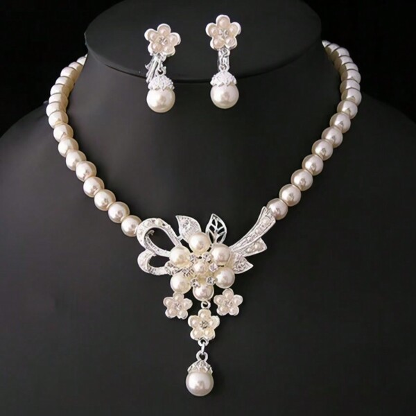 Cream Faux Pearl Wedding Jewelry Necklace And Earrings Set Bridal Necklace Sets Silver Valentine's Day Valentines