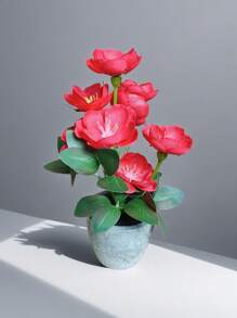 1pc/1set Artificial Flowers 17.5cm Tall Fake Plants Flocked Foam Cement Pot Mini Bonsai Decor Set, Suitable For Indoor Office Coffee Table Cabinet Desktop Decoration, Valentine Day, Gift Gifts Birthday Graduation