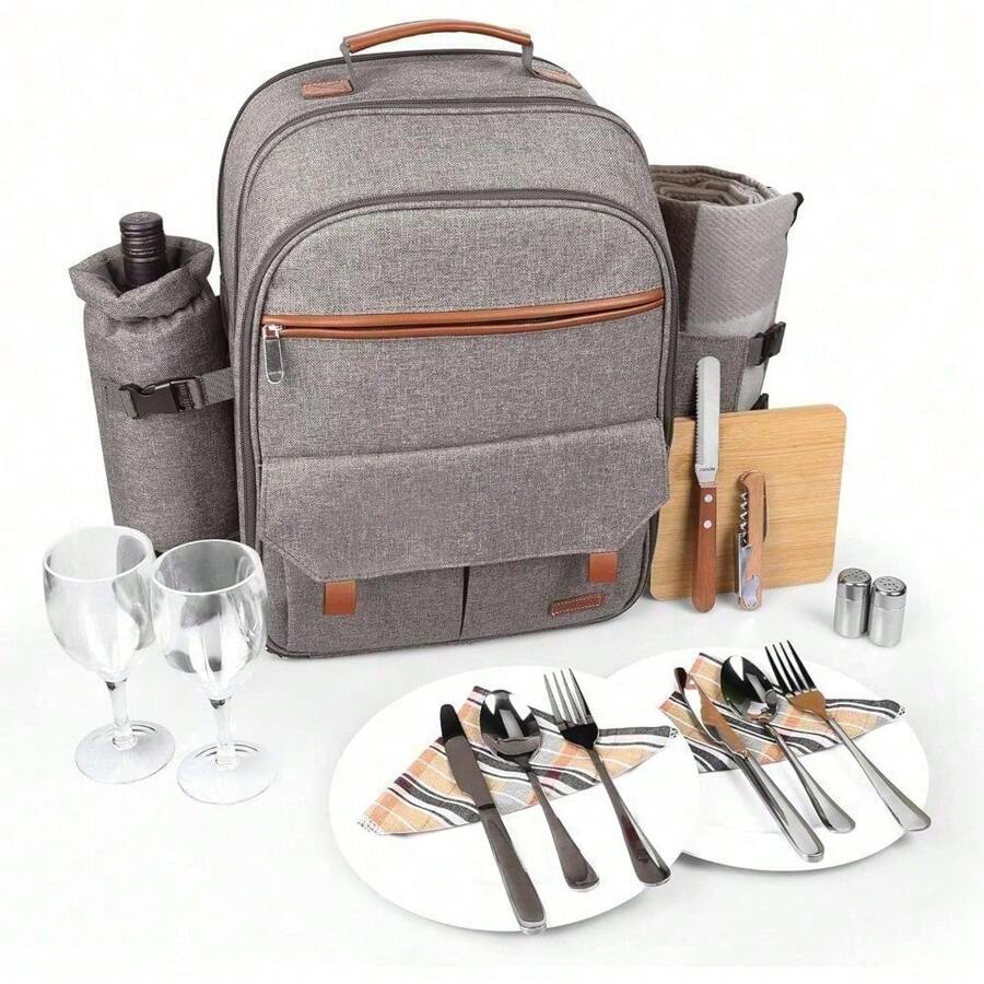 Sunflora Picnic Backpack For 4 Person With Blanket Picnic Basket Set For 2 With Insulated Cooler Wine Pouch For Family Couples (Blue & Stripe) - Brush Beige - View 1