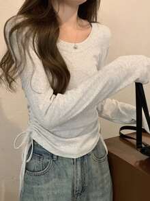 Early Spring Korean Style Fitted Round Neck Drawstring Design Versatile Long Sleeve T-Shirt For Women