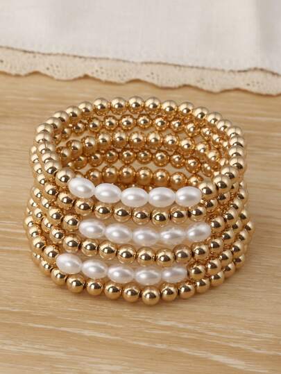 6Pcs Elegant Gold Beaded & Faux Pearl Stackable Bracelet Set For Women, Minimalist Elastic Stretch Bracelets, Fashion Jewelry For Daily Wear Party Gift