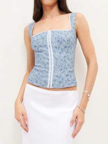 Women Clasp Front Tank Tops Sleeveless Square Neck Lace Trim Smocked Tops Vest Summer Shirt - 藍色 - 查看 2