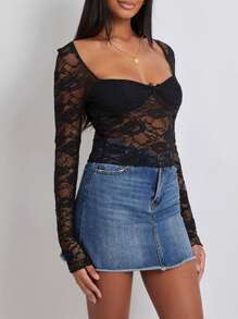 Women Floral Lace Top Low Cut Sheer Long Sleeve Crop Shirt Y2K Going Out Tops - 黑色 - 查看 8