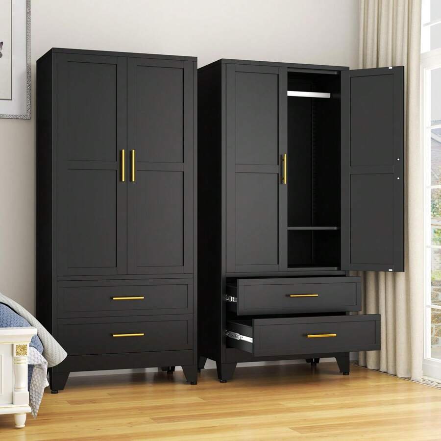 Steel Armoire Wardrobe Closet, 71" Metal Clothing Storage Cabinets With 2 Doors, 1 Adjustable Shelf And 2 Drawers, Metal Wardrobe Cabinet With Hanging Rod For Bedroom, Gym, Cloak Room (Black) - Kiểu Thanh Treo Đen - Xem 1