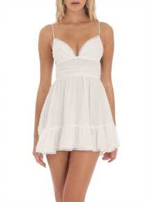 Women Cami Dress Swiss Dot V-Neck Spaghetti Strap Sleeveless Mini Dress A-Line Dress Summer Tie-Up Backless Dress