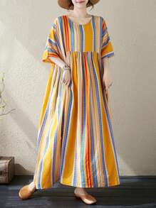 上衣，2025 女士连衣裙，休闲日常穿着，女士大码连衣裙，夏季圆领短袖黄色条纹休闲宽松连衣裙，波西米亚风沙滩裙
