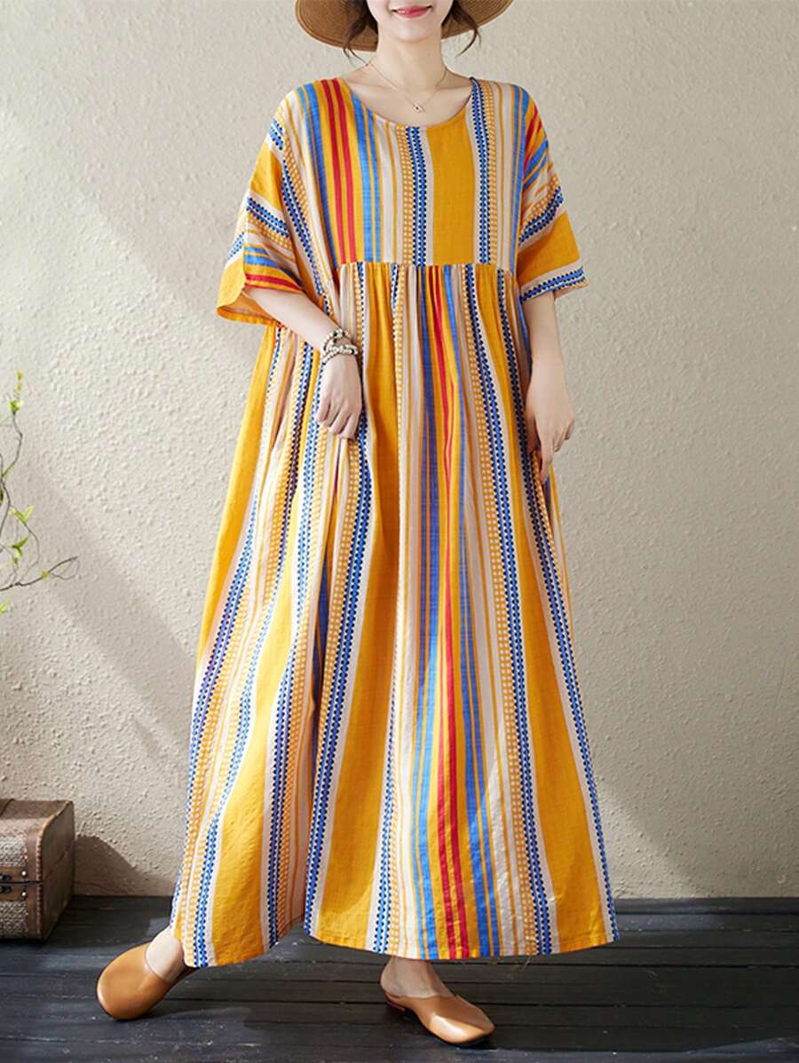 上衣，2025 女士连衣裙，休闲日常穿着，女士大码连衣裙，夏季圆领短袖黄色条纹休闲宽松连衣裙，波西米亚风沙滩裙