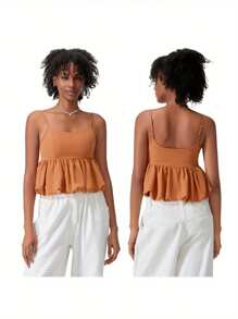 Women's Cami Tank Tops Sleeveless Spaghetti Strap Bubble Hem Slim Fit Camisole Summer Shirt - Orange - View 10