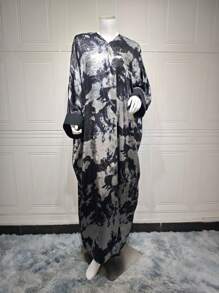 一件式新款闪亮女士伊斯兰长袍外套长外套派对装优雅迪拜和服长袍，端庄长袍 - 黑色 - 查看 5