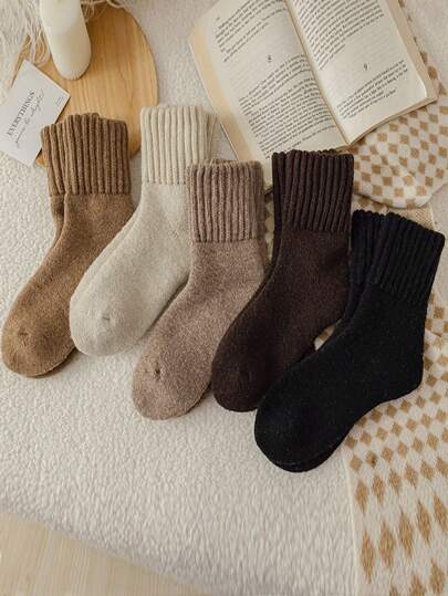 Women Fall Autumn & Winter Mid-Calf Socks Warm & Breathable Thick Knit Soft Comfortable Vintage Classic Color Delamerican(Black Beige Khaki Brown Coffee) Casual Crew Socks Fuzzy Socks Wool Socks For Women Perfect Gifts For Hiking, Back To School, Halloween & Christmas Xmas 10/5/1 Pair