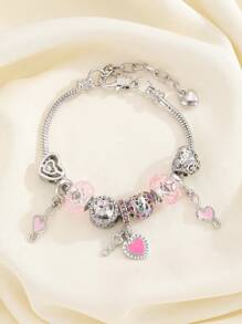 1 pieza Pulsera con cadena de moda moderna para jóvenes, colgante con cristal morado en forma de mariposa, cisne rosa y cuentas de atrapasueños en forma de corazón, regalo lindo para niñas y estudiantes
