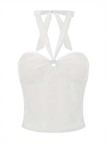 Women's Summer Halter Tank Tops Solid Color Eyelet Embroidery Vest Slim Fit Backless Crop Tops - White - View 5