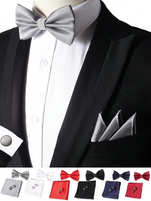 3pcs/Set Men Plaid Bow Tie, Pocket Square, Cufflinks Suit, Fit For Wedding, Banquet, Party, Gift Men Necktie