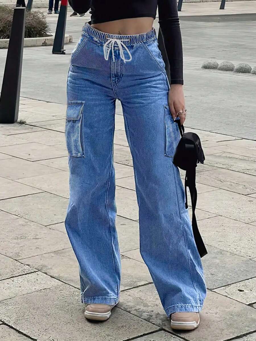 Women's High Waisted Baggy Jeans - Y2K Vintage Loose Wide Leg Denim Pants With Drawstring Waist, Multiple Pockets, Non-Stretch Casual Jeans For Women - 中等水洗藍 - 查看 1