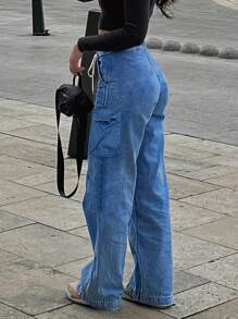 Women's High Waisted Baggy Jeans - Y2K Vintage Loose Wide Leg Denim Pants With Drawstring Waist, Multiple Pockets, Non-Stretch Casual Jeans For Women - 中等水洗藍 - 查看 3