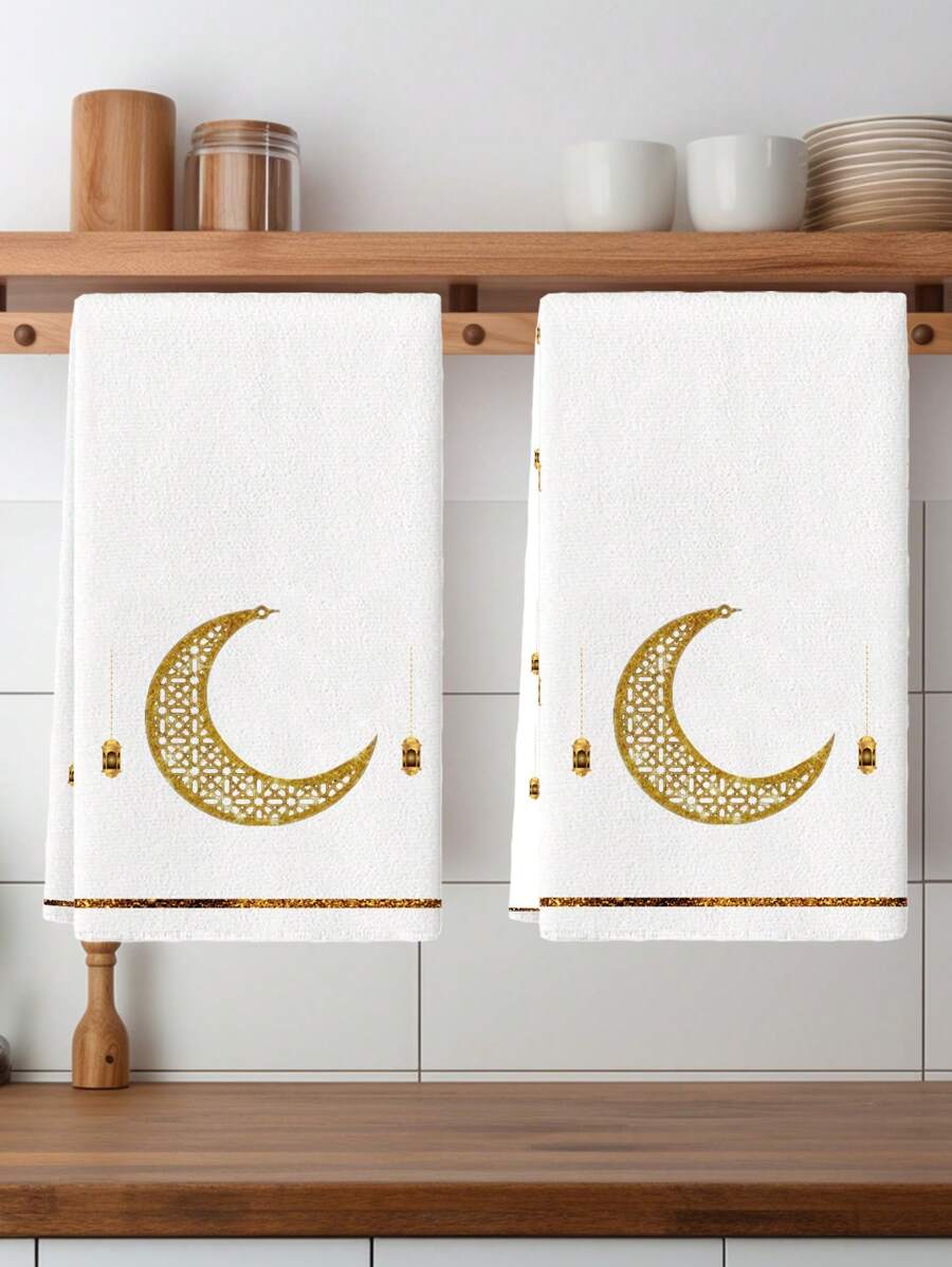 2 Pcs Gold Star And Moon Castle Ramadan Kitchen Towels Dish Towels Seasonal Festival Lantern Decorative Hand Towels - White - View 1