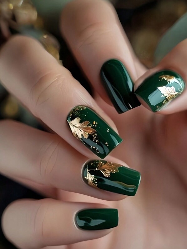 Express Your Love With 24Pcs Medium Square Shape Press On Nails Simple Fashion Golden Leaf Emerald Green Fake Nails Beautiful Elegant Golden Halo Green Fake Nails Full Coverage Fake Nail Kit For Women And Girls Includes Nail Salon With 1 Piece Of Jelly Gel And 1 File Stri Jelly Gel Random Shipment Nail Supplies Nails