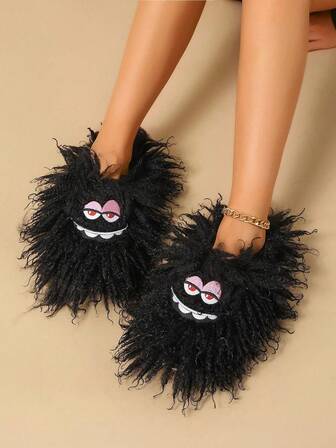 Plusstorlekar fluffiga tofflor för kvinnor, vårimitationsfodrade inomhustofflor med tysta varma mönster, moderiktiga halvtäckta utomhustofflor