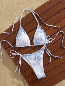 Neuer Blume Muster weiches Paket Schleifenhals eleganter Party-Bikini-Set, Sommer Strand Mode Damen Bademode