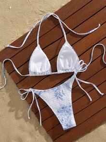 Neuer Blume Muster weiches Paket Schleifenhals eleganter Party-Bikini-Set, Sommer Strand Mode Damen Bademode