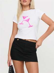 Women Cute Crop T-Shirts Casual Summer Cocktail Glass Print Basic Short Sleeve Tops For Streetwear Aesthetic Clothes - trắng - Xem 4