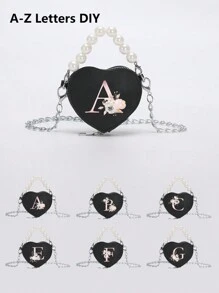 时尚、可爱、优雅的爱心迷你包，A-Z 26 个字母 DIY，有酒红色、粉色、黑色和白色可选，珍珠手提包、单肩斜挎包、口红零钱包，非常适合日常外出、圣诞节、春节和生日礼物 - B9189-023黑包深粉芭蕾 - 查看 1