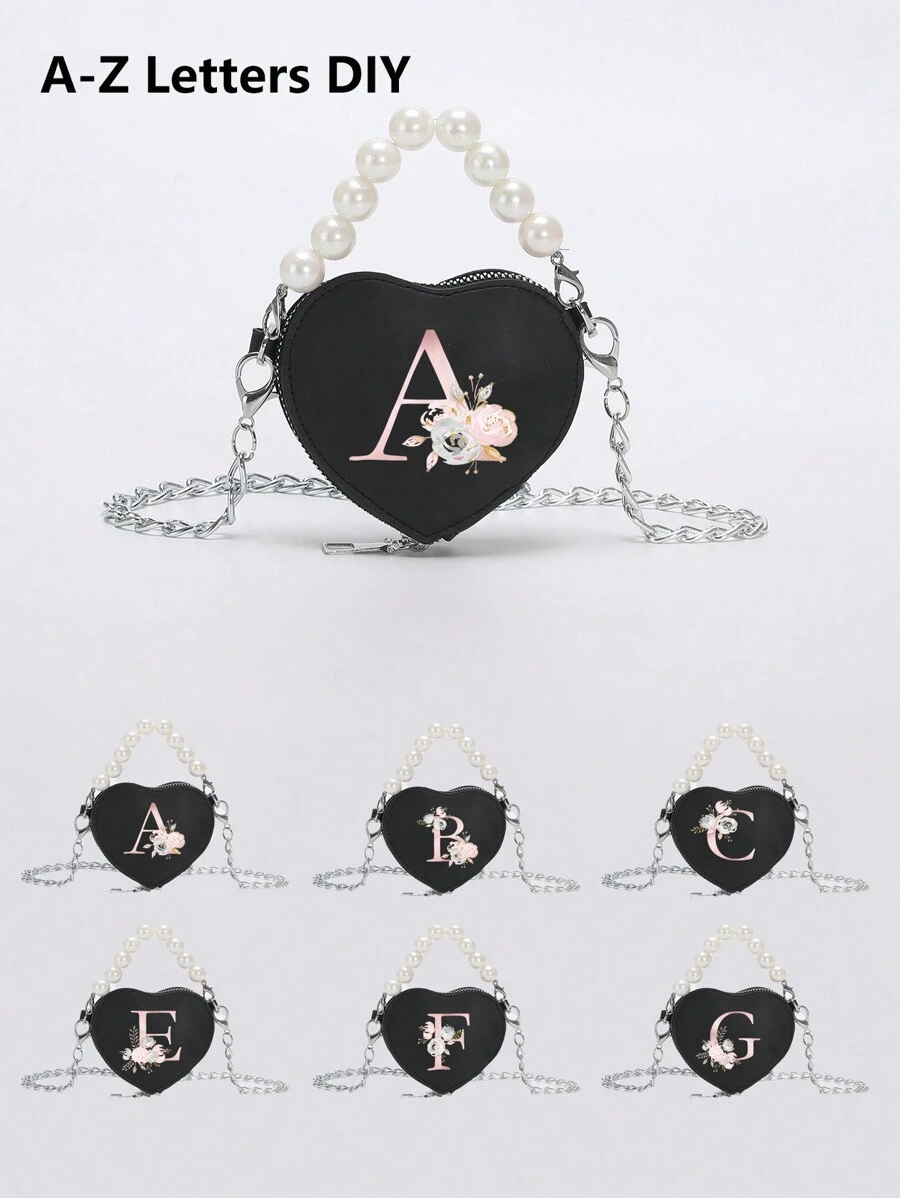 时尚、可爱、优雅的爱心迷你包，A-Z 26 个字母 DIY，有酒红色、粉色、黑色和白色可选，珍珠手提包、单肩斜挎包、口红零钱包，非常适合日常外出、圣诞节、春节和生日礼物 - B9189-023黑包深粉芭蕾 - 查看 1