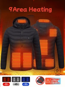 Men's Hooded Warm 9-Zone Heating Jacket, Smart Outdoor Heated Cold-Proof Jacket, Intelligent Heating, Detachable Hood, Zipper Pockets, Windproof - Black - View 2