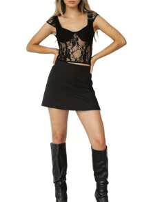 Women's Sheer Lace Crop Tops, Short Sleeve Sweetheart Neck Solid Color Corset T-Shirts - 黑色 - 查看 5