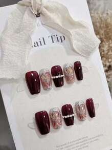 Monina 10Pcs Handmade Wedding Nail Art Press-On Nails, Red Starry Short Stiletto Luxury Bridal Faux Nails, Elegant High-Class Fashionable Manicure Nail Supplies Nails - Burgundy - View 11