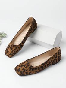 Bailarinas de puntera cuadrada con estampado de leopardo para mujer de talla grande, zapatos cómodos, casuales y versátiles para ir y venir - Multicolor - Ver 4