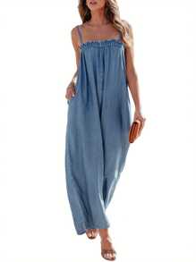 Womens Denim Long Jumpsuit, Casual Spaghetti Strap Solid Color Wide Leg Romper Pants - Màu xanh lam - Xem 1