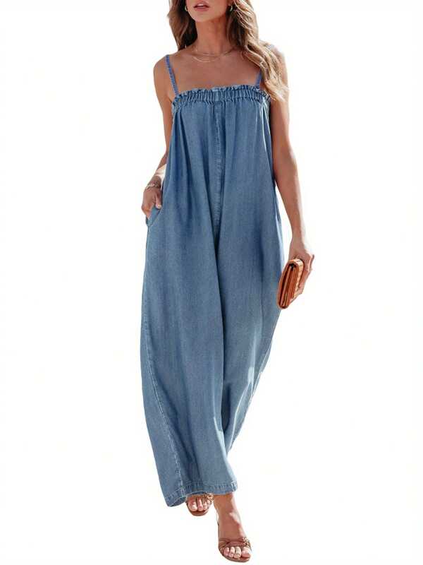 Womens Denim Long Jumpsuit, Casual Spaghetti Strap Solid Color Wide Leg Romper Pants