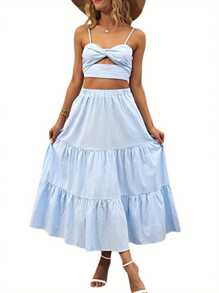 Women Boho Tiered Long Skirt Solid Color Ruffle Midi Skirt Elastic Waist A-Line Long Skirt With Pockets - 天藍色 - 查看 2