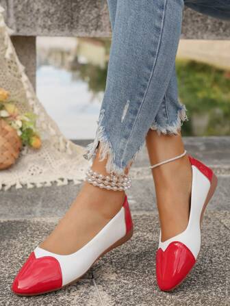 Dames puntige neus kleur blok hart decor platte schoenen, zachte en comfortabele instappers casual schoenen, geschikt voor Valentijnsdag