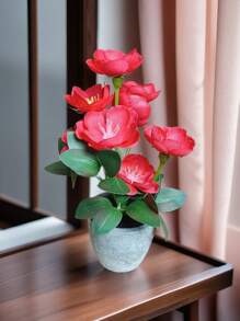 1pc/1set Artificial Flowers 17.5cm Tall Fake Plants Flocked Foam Cement Pot Mini Bonsai Decor Set, Suitable For Indoor Office Coffee Table Cabinet Desktop Decoration, Valentine Day, Gift Gifts Birthday Graduation