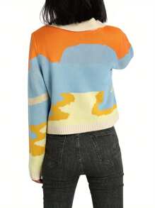 Women's Button Down Sweater Tops, Casual Long Sleeve Color Block Knitted Lapel T-Shirts - Blue - View 7